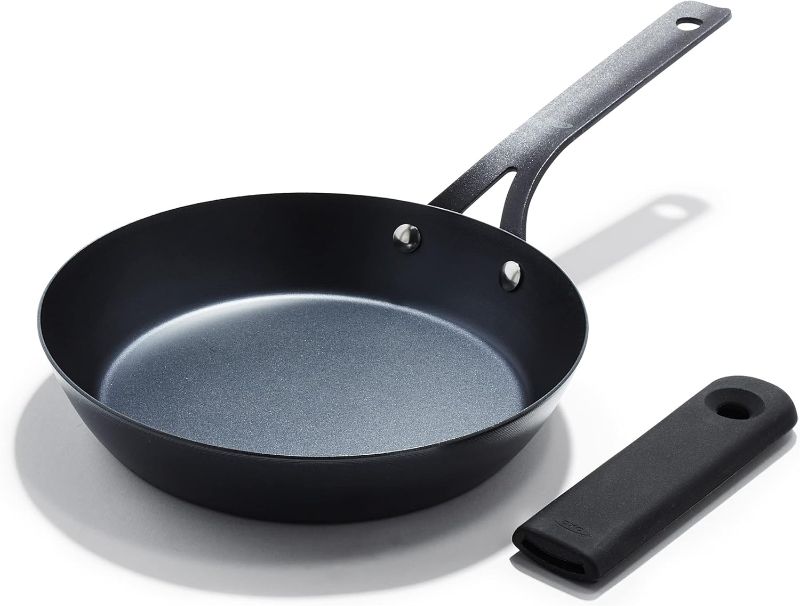 View 1 of Obsidian Pre-Seasoned Carbon Steel, 8" Frying Pan Skillet with Removable Silicone Handle Holder, Induction, Oven Safe,