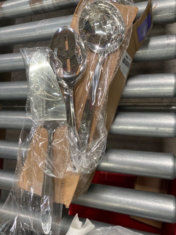 Photo 1 of ***Missing items such as fork utensil. Slotted spoon missing handle and appears to be fom another set.***GoGoSprint 6 PCS Stainless Steel Serving Utensils, 10 Inch Serving Spoons for Buffet Large Hosting Metal Spoons, Silverware Set Tongs for Serving Food