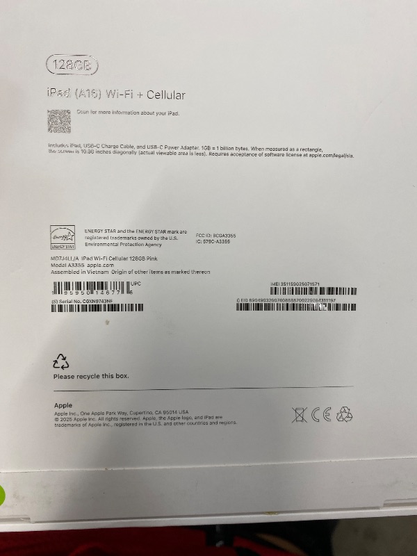 Photo 1 of ****** SEALED BY COMPANY****** Apple iPad 11-inch: A16 chip, 11-inch Model, Liquid Retina Display, 128GB, Wi-Fi 6 + 5G Cellular, 12MP Front/12MP Back Camera, Touch ID, All-Day Battery Life — Pink