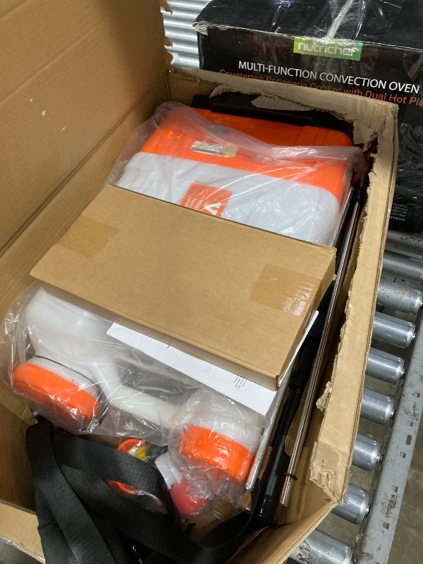 Photo 1 of ***USED*** VEVOR 4 Gallon Battery Powered Backpack Sprayer with Wheeled Cart, Adjustable 0-94 PSI, 13FT Hose, 6 Nozzles, 2 Wands Included, Wide Mouth Lid for Weeding, Cleaning, Long Spray Time Without Fatigue