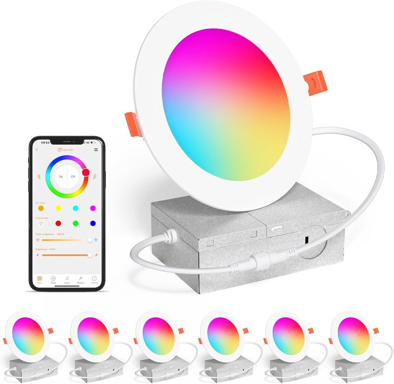 Photo 1 of **NO BOX***Smart Recessed Lighting 4 Inch RGBCW Color Changing 12W LED Downlight with Junction Box,1100 Lumen Recessed Ceiling Light Compatible with Alexa,Dimmable by Bluetooth Control -6Pack
