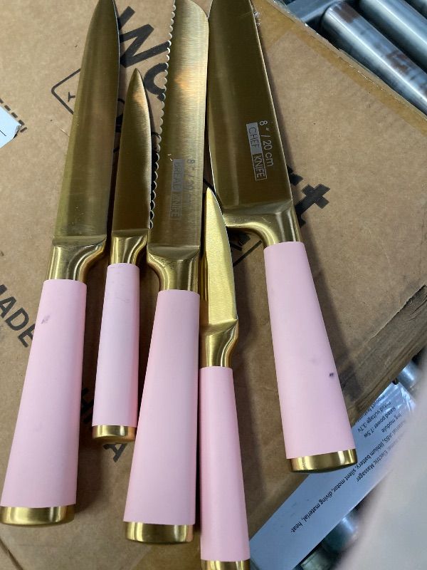 Photo 1 of **MISSING ONE KNIFE***Aesthetic Gold Pink Kitchen Knife Set,7Pcs Gold Titanium Coated Dishwasher Safe Knife Block Sets,Wooden Block with Built-In Sharpener,Luxury Gift for Women Modern Kitchen
