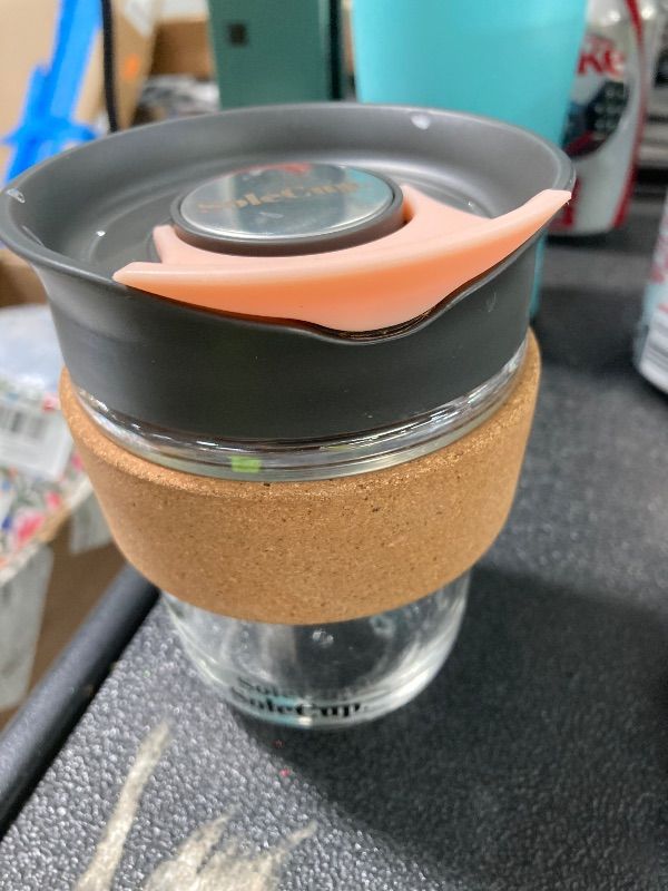 View 2 of **NO BOX***SoleCup. - Reusable Strengthened Glass Travel Cup - Spill Proof Coffee Mug - 12oz/340ml BPA-Free Hot Drink Travel Mug with Lid & Cork Band (Gray and Pink, 12oz)