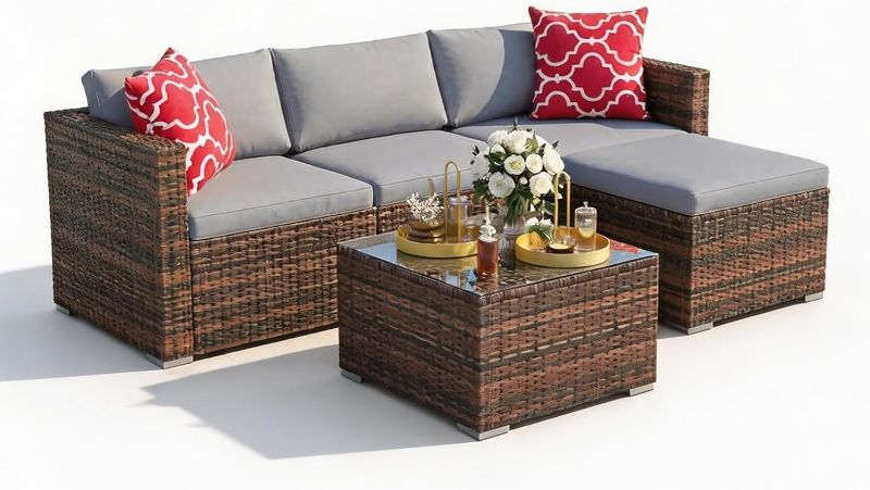 Photo 1 of ***PARTIAL SET/BOX 1 OF 2 ONLY****GarveeTech 5 Pieces Patio Furniture Set, All Weather Wicker Rattan Sectional Sofa,Outdoor Patio Furniture Set with Washable Cushions for Garden, Backyard, Porch, Poolside (Brown&Grey) ? EST VALUE 284.99