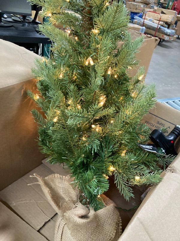 Photo 1 of **BASE IS DAMAGED***National Tree Company 3 ft Pre-Lit Nordic Spruce Mini Artificial Christmas Tree, 100 Clear Lights, 363 Tips, Burlap Base, Green