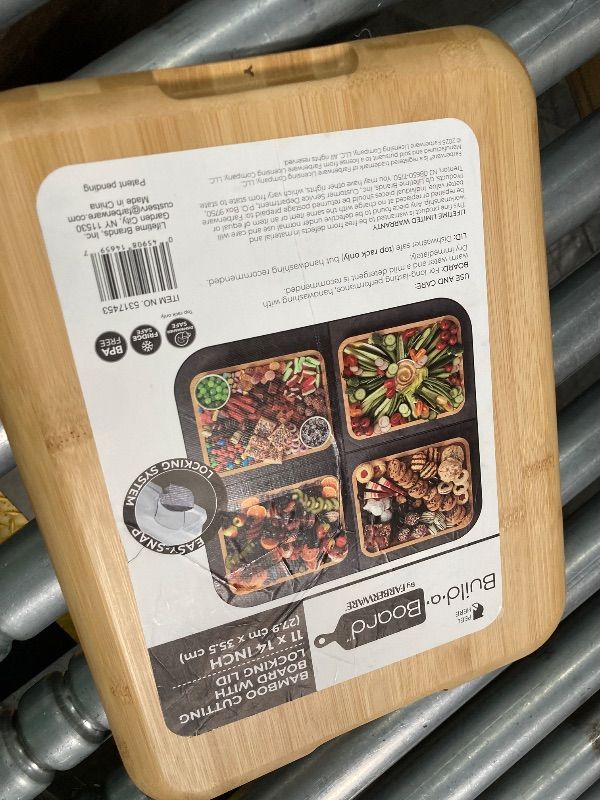 Photo 1 of ***MISSING LID***Farberware Build-A-Board Bamboo Cutting Board with Single Storage Compartment, Clear Locking Lid, Black Handles, Perfect for Charcuterie & Snacks