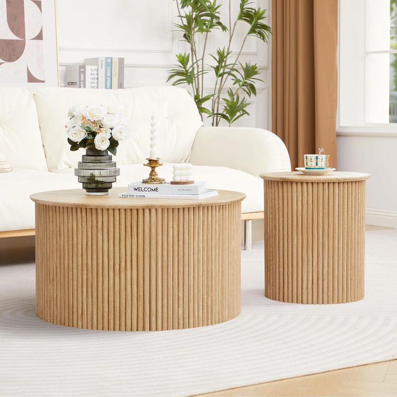 Photo 1 of **MISSING PARTS-ONLY***Fluted Round Nesting Coffee Table Set of 2, Mid Century Modern Wood Coffee Tables and End Table Set, Circle Side Table Minimalist Center Tables for Living Room, Office(Natural)