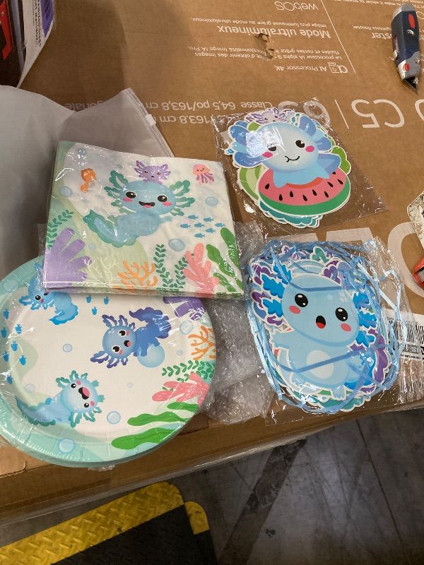 Photo 1 of ***MISSING PARTS***G1ngtar Blue Axolotl Party Decoration Set - Serves 24- 112Pcs Cute Cartoon Axolotl Themed Tableware Disposable Plate Napkin Tablecloth Banner Card for Birthday Party Supplies