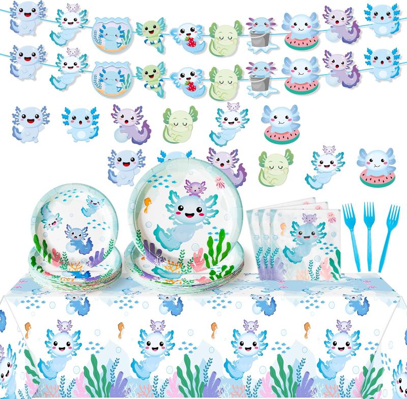 Photo 1 of ***MISSING PARTS***G1ngtar Blue Axolotl Party Decoration Set - Serves 24- 112Pcs Cute Cartoon Axolotl Themed Tableware Disposable Plate Napkin Tablecloth Banner Card for Birthday Party Supplies