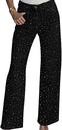 Photo 1 of **MAY RUN SMALL***Womens Rhinestone Jeans Baggy Y2K High Waisted Straight Wide Leg Sparkly Bling Glitter Denim Pants SIZE XL