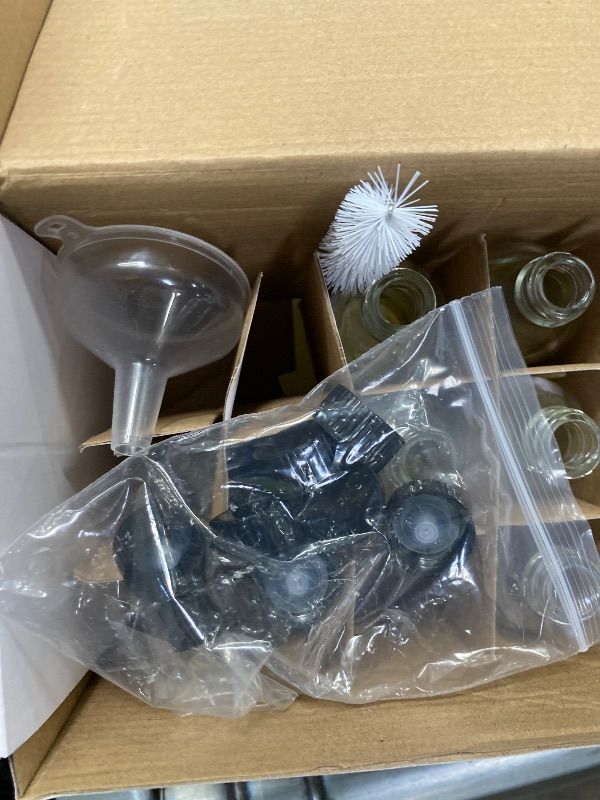 Photo 1 of ***MISSING PIECES SELLING AS IS **** FANSTINOW 2 oz (60ml) 8 Pack Leak-Proof Clear Glass Boston Round Bottles with lids - Mini Travel Containers for Ginger Shots, Juice, Whiskey, Samples | W/Labels, Funnels & Brushes