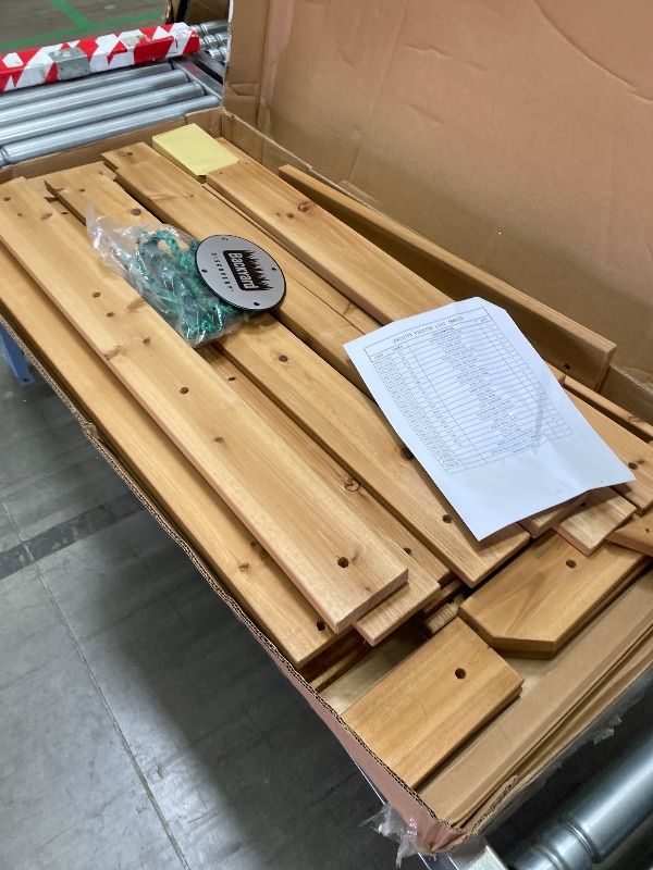 Photo 1 of ***BOX 2 OF 3 -MISSING BOX 1 & 2 -SELLING AS INCOMPLEETE PARTS ONLY*** Backyard Discovery Belmont Cedar Wood Swing Set with Wave Slide, Play Deck, Rock Wall Ladder, Snack Bar Window, Shaded Picnic Area, Bench, Belt Swings, Trapeze, Sandbox Area, Canopy, O