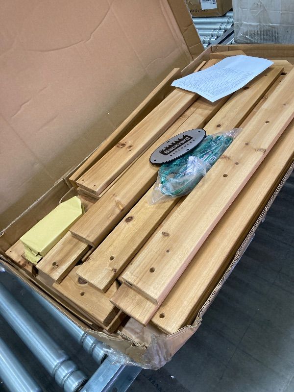 Photo 1 of ***BOX 2 OF 3 -MISSING BOX 1 & 2 -SELLING AS INCOMPLEETE PARTS ONLY*** Backyard Discovery Belmont Cedar Wood Swing Set with Wave Slide, Play Deck, Rock Wall Ladder, Snack Bar Window, Shaded Picnic Area, Bench, Belt Swings, Trapeze, Sandbox Area, Canopy, O