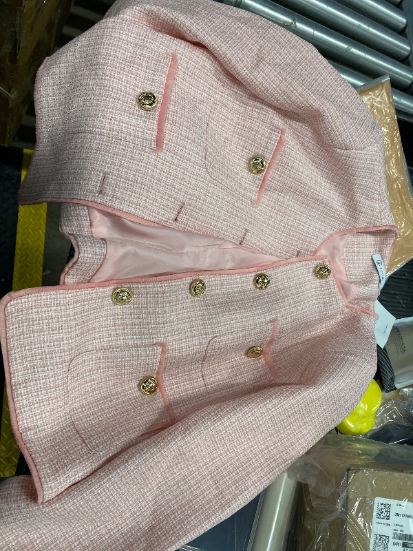 Photo 1 of ***Photo and description for reference only***Womens Tweed Blazers Business Casual Long Sleeve Double Breasted Bottons Jackets Work Suit Slim Fit Dressy Elegant Pockets Plaid Blazer Padded Shoulder Spring Fall Winter Light Pink Large