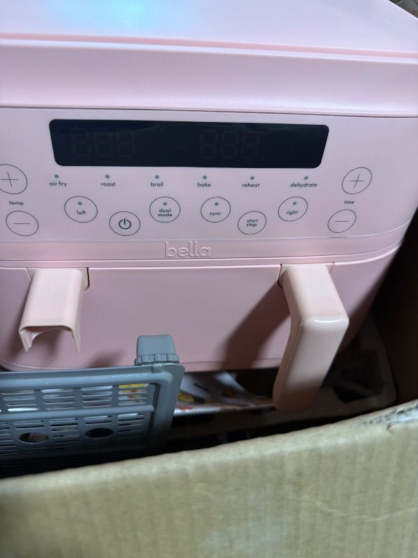 Photo 1 of ***BROKEN, SOLD FOR PARTS*** bella 4 Qt TriZone Air Fryer, EverGood™ Ceramic Nonstick Coating, Dual Basket Design w Removable Divider, Digital Touchscreen Control w 6 Preset Cooking Options, 1200 Watt, 3lb Capacity, Blossom