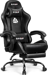 Photo 1 of -GEN GAMING Gaming Chair with Footrest, Lumbar, High-Back, All Black | Reclining Backrest, Linkage Armrests, Durable PU Leather, Adjustable Comfort for Extended Computer, Desk, or Home Office Use