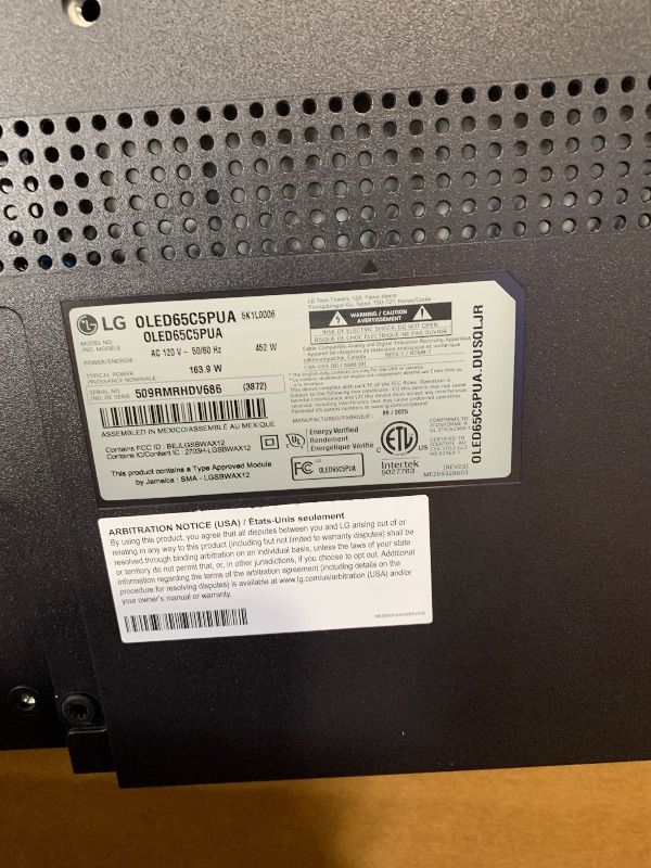 Photo 1 of NON-FUNCTIONAL, PARTS ONLY-------------------------------LG 65-Inch Class OLED evo AI 4K C5 Series Smart TV w/Dolby Atmos, Dolby Vision, HDR10, AI Super Upscaling 4K, Filmmaker Mode, Wow Orchestra, Alexa Built-in (OLED65C5PUA, 2025)