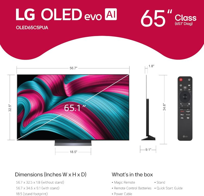 Photo 1 of LG 65-Inch Class OLED evo AI 4K C5 Series Smart TV w/Dolby Atmos, Dolby Vision, HDR10, AI Super Upscaling 4K, Filmmaker Mode, Wow Orchestra, Alexa Built-in (OLED65C5PUA, 2025)