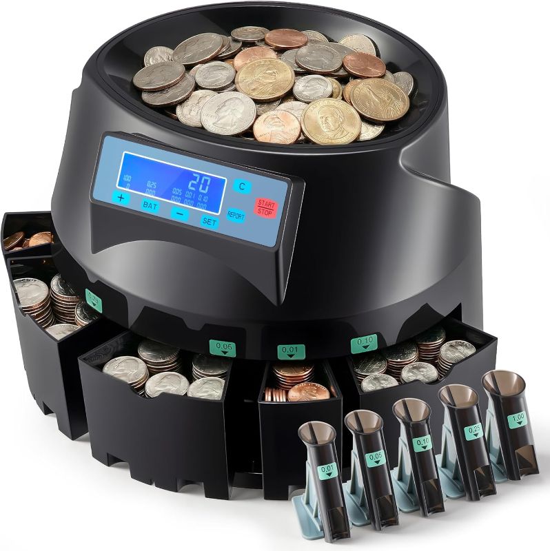 Photo 1 of VEVOR USD Coin Counter with LCD Display, Precise Coin Counting and Sorter Machine - Sorts up to 300 Coins/min into Coin Wrappers, Compact Digital Change Counter Included 5 Coin Bins & 5 Tubes