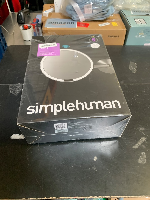 Photo 1 of simplehuman, Brushed 8" Round Wall Mount Sensor Makeup Mirror, 5x Magnification, Hard-Wired (100-240v), Stainless Steel, 8"