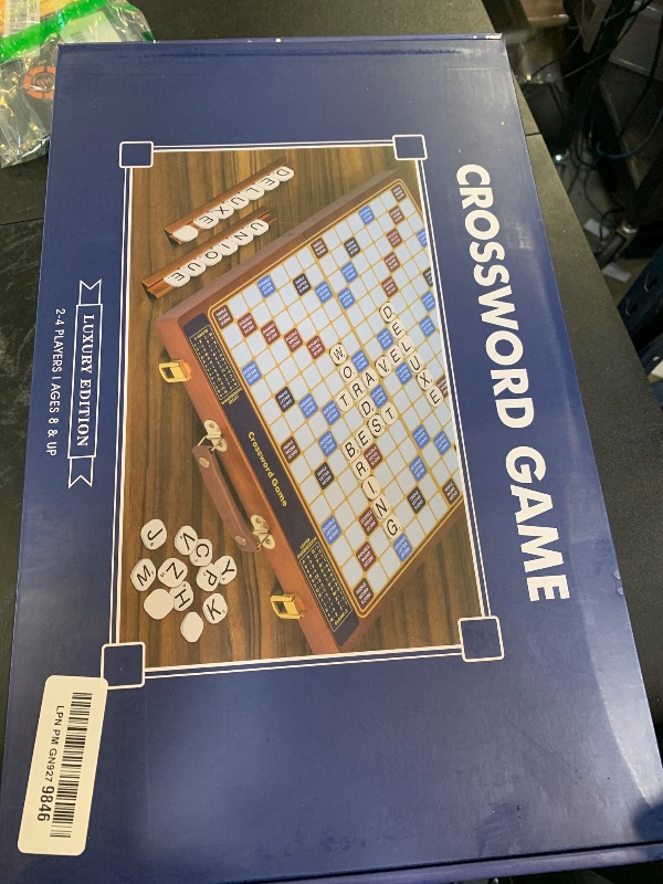 Photo 1 of Crossword Game with Rotating Wooden Board, Foldable Board into Portable Carry Case, Luxury Edition Word Building Game with 100 Letter Tiles, Educational Family Board Game for 2-4 Players