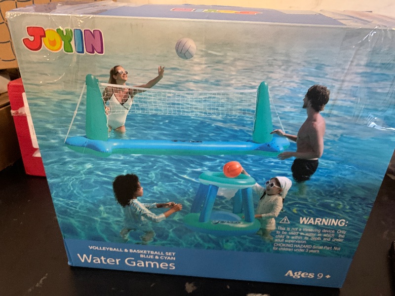 Photo 1 of JOYIN XL Inflatable Pool Float Set, 125'' Volleyball Net & Basketball Hoops, Extra Large Floating Swimming Game Toy for Kids and Adults, Summer Floaties, Volleyball Court|Basketball, XL-Blue, Cyan