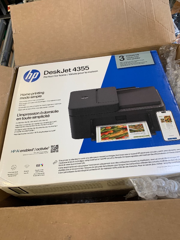 Photo 1 of HP DeskJet 4355 Wireless All-in-One Color Inkjet Printer, Scanner, Copier, Best-for-Home, 3 Month Trial of Instant Ink Included, AI-Capable (AJ4Y0A)