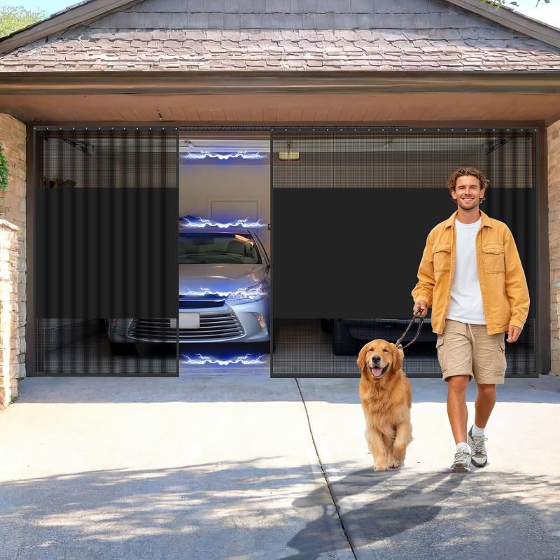 Photo 1 of Frienda 16 x 7 ft Sliding Privacy Garage Door Screen 2 Car with Track Closure Retractable Magnetic Closure Heavy Duty Weighted Bottom Door Privacy Protection Curtain Keep Animals Out for Summer Garage