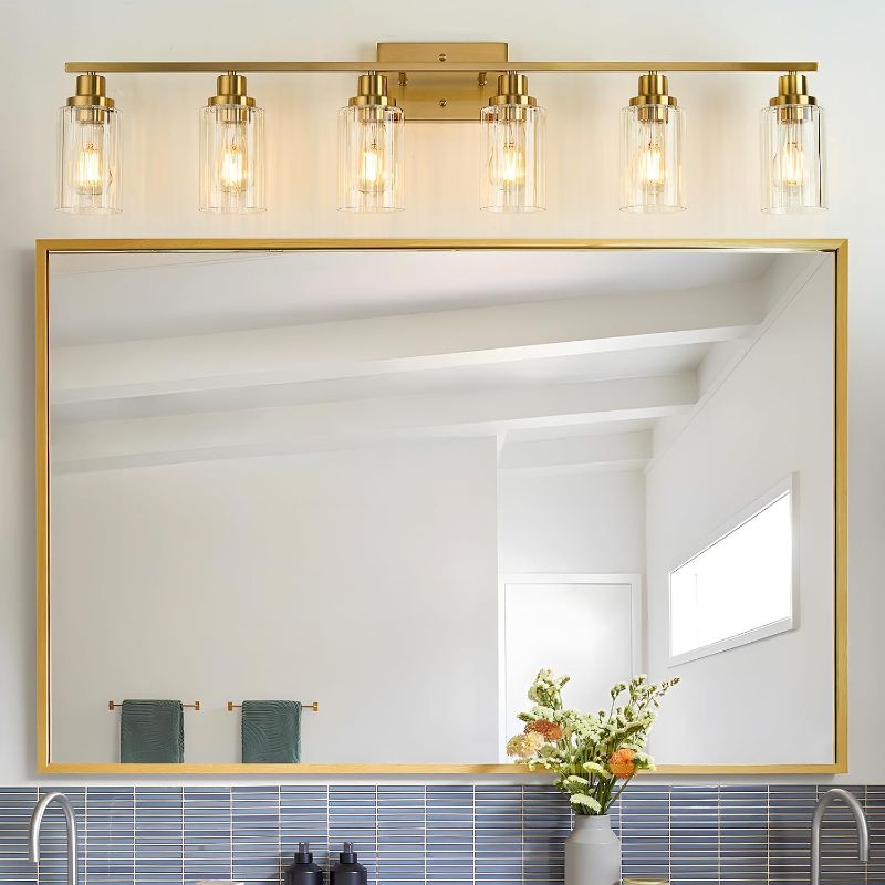 Photo 1 of Jonsi Brushed Gold Bathroom Light Fixtures, 6-Light Brushed Gold Vanity Light, Bathroom Vanity Light with Stripe Glass Shade, E26 Wall Sconces Over Mirror for Bathroom, Living Room, Hallway