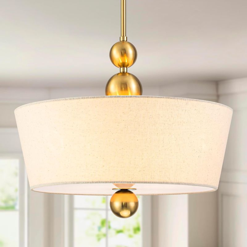 Photo 1 of D18in Drum Capiz Shell Drum Chandeliers, 4-Light Coastal Style Light Fixture for Dining Room, Living Room, D18*H19~55 inch (Adjustable Height), Fabric Lampshade & Gold Finish