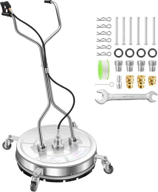 Photo 1 of LidoDola 30'' Pressure Washer Surface Cleaner, Power Washer Accessory | Stainless Steel Body, Dual Handles, 4 Replacement Nozzles, Ideal for driveways, decks & patios—clean effortlessly
