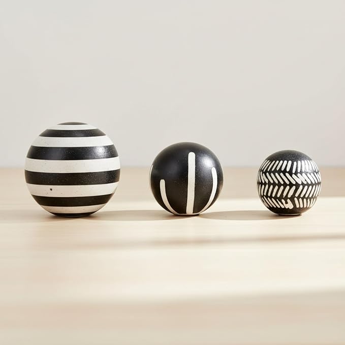 Photo 1 of Patterned Ceramic Orbs for Home Decor Styling - Geometric Sculpture for Bathroom, Office, and Living Room Centerpiece - Ornaments Accent for Coffee Table Display - Set of 3, 6", 5", 4", Black & White