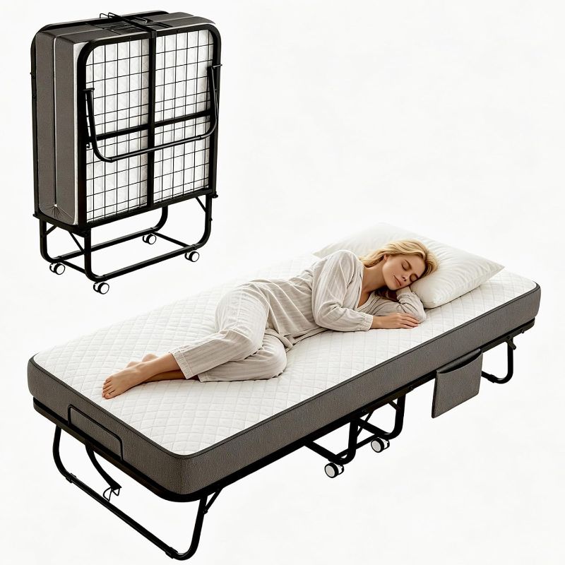 Photo 1 of Folding Bed with Mattress, 75" x 31" Rollaway Bed with Memory Foam Mattress for Adults, Portable Foldable Guest Bed with Metal Frame, Luxury Single Bed for Home& Office Space Saving