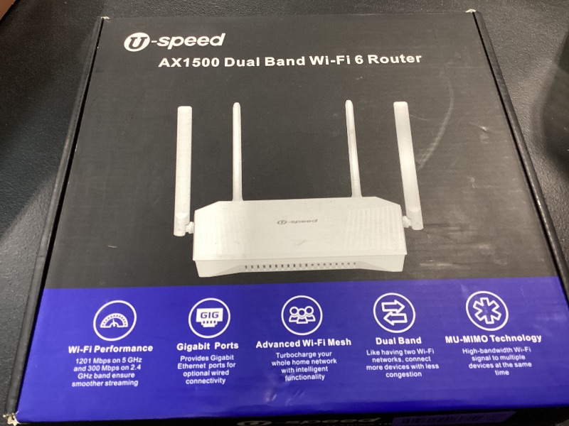 Photo 1 of U-SPEED AX1500 WiFi 6 Router Dual Band Wireless Internet Router, Wireless Speed Up to 1.5 Gbps, Full Gigabit Ports, Beamforming, OFDMA, MU-MIMO, Parental Controls, WPA3, EasyMesh