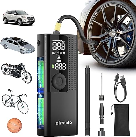 Photo 1 of Airmoto Tire Inflator Portable Air Compressor - Air Pump For Car Tires with Digital Pressure Gauge, LED Light and Auto Shut-Off Function - Cordless Pump for Car, Motorcycle, Bicycle, Ball