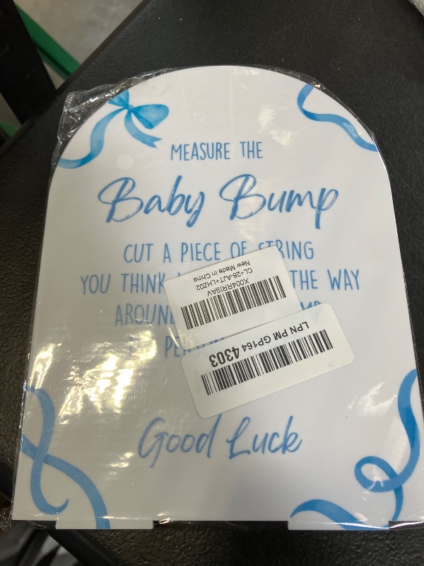 Photo 1 of Baby Shower Games - Blue Bow Measure The Baby Bump Game, 1 Arch Acrylic Sign and 50 Guessing Cards, Gender Reveal Game, Blue Baby Shower Decoration Supplies (DP02)