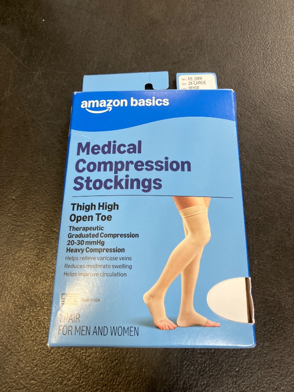 Photo 1 of Amazon Basics Medical Compression Stockings, 20-30 mmHg Support, Women & Men Thigh Length Hose, Open Toe, Beige, 2X-Large (Previously Amazon Basic Care)
