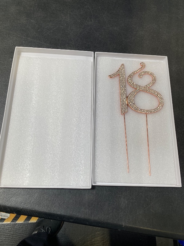 Photo 1 of 18 Cake Topper - Premium Rose Gold Metal - 18th Birthday Party Sparkly Rhinestone Decoration Makes a Great Centerpiece - Now Protected in a Box
