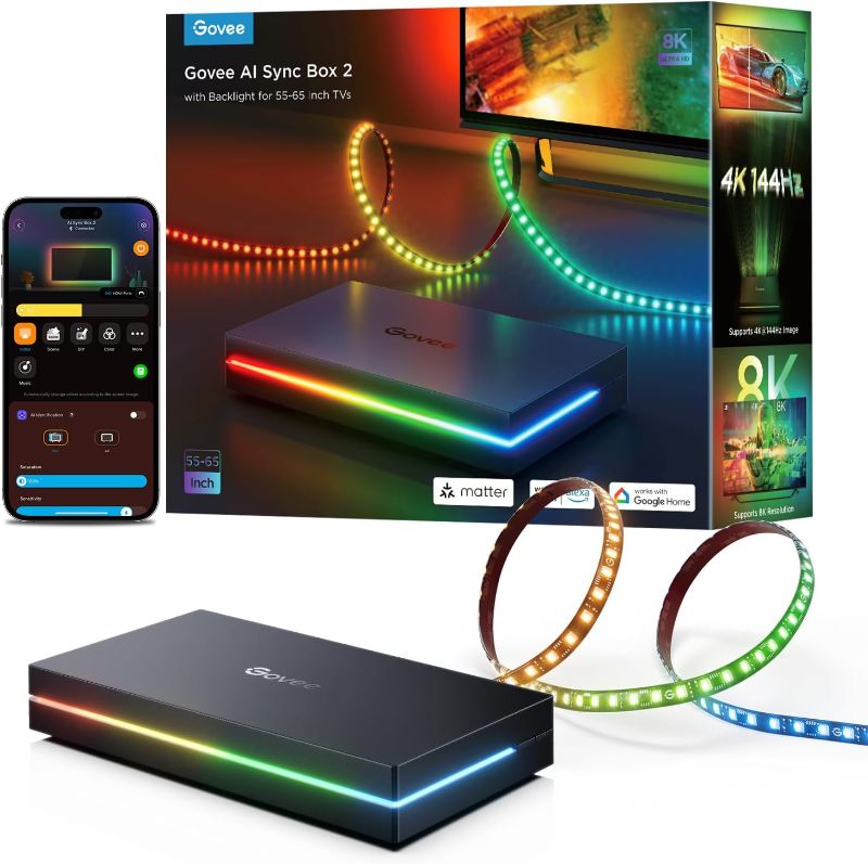 Photo 1 of Govee HDMI 2.1 Sync Box 2, AI Sync Box with TV Backlight, Supports 8K@60Hz, 4K@144Hz, VRR and ALLM, Works with SmartThings, Matter and Alexa, RGBIC LED Light Strip for 55-65 inch TVs, 75 LEDs/m
