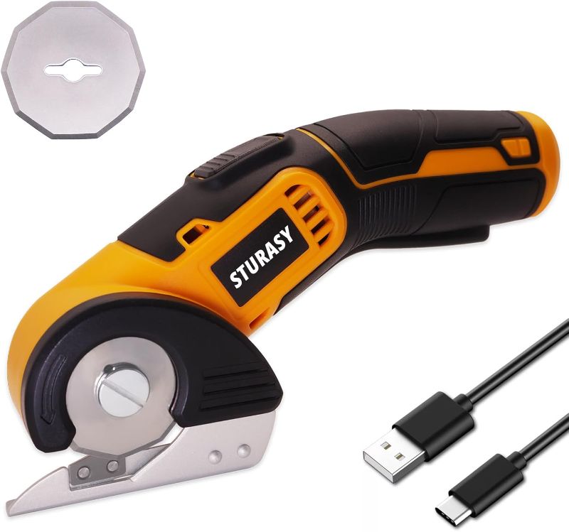 Photo 1 of Cordless Electric Scissors, Power Cardboard Cutter with Safety Lock, Rechargeable 4V 2000mAh Electric Box Cutter for Cardboard, Fabric, Carpet, Leather, Paper, Plastic, Packages, Rotary Cutter