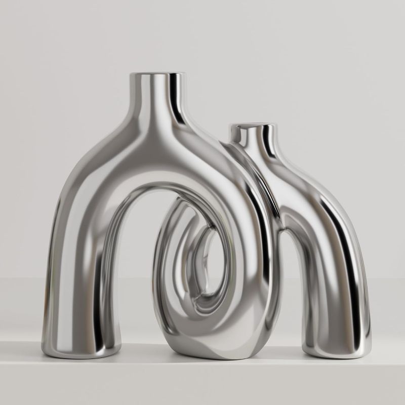Photo 1 of Hug Donut Decorative Vase Set - Silver Vase, Modern Nordic Boho Style Vases Home Decor, Matte Ceramic Decorations for Living Room Shelf, Bookshelf Mantle Entryway Table or Console Décor (Silver)

