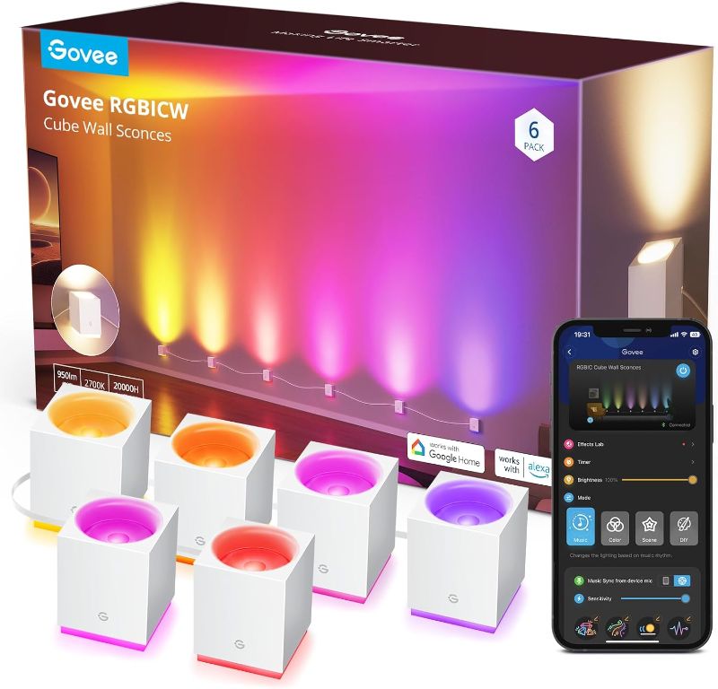 Photo 1 of Govee Cube Wall Sconces, RGBIC LED Wall Light Works with Alexa, WiFi Smart Lights for Room Decor, Color Changing Indoor Light Fixture for Bedroom Dining Room, Music Sync, Adjustable Cables, 15ft
