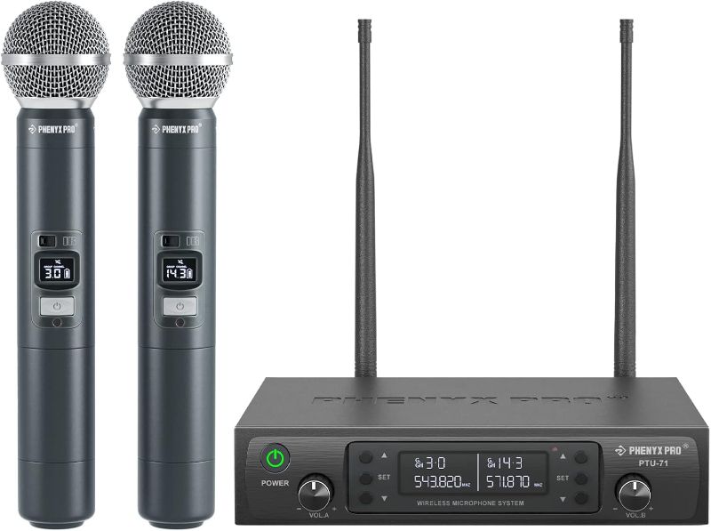 Photo 1 of Phenyx Pro Wireless Microphone System, Dual Wireless Mics,w/ 2 Handhelds, Auto Scan,2x100 UHF Frequencies,328ft Range,Dynamic Microphone for Singing, Karaoke, Church(PTU-71-2H)
