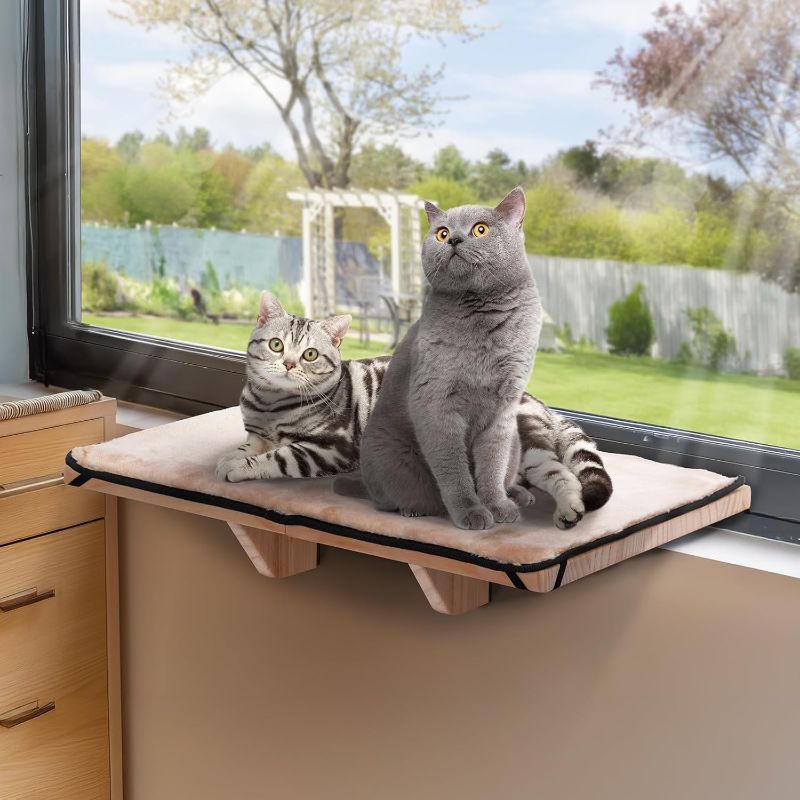 Photo 1 of PETSFIT Cat Window Perch for 2 Cats, Adjustable Cat Hammock with Removable Fleece Mat, Natural Solid Wood Design, Easy to Assemble Window Perch for Large Cats, Fits Windowsill, Bedside & Drawer
