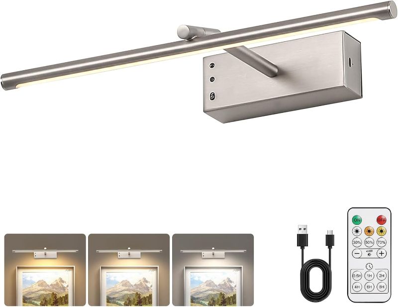 Photo 1 of JOOSENLUX Battery Operated Picture Light 3CCT Dimmable Wireless Art Light for Paintings with Adjustable Swing Arm, 16-inch Brushed Nickel Gallery Light for Picture Display