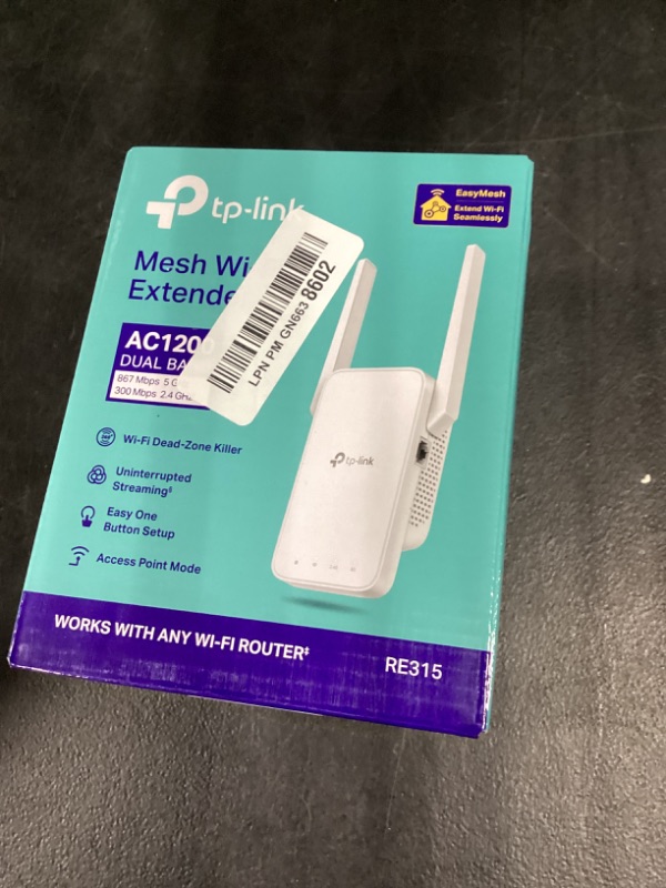 Photo 1 of TP-Link AC1200 WiFi Extender - 1.2Gbps Home Signal Booster, Dual Band 5GHz/2.4GHz, Up to 1600 Sq.ft and 32 Devices, EasyMesh Compatible, One Ethernet Port (RE315)