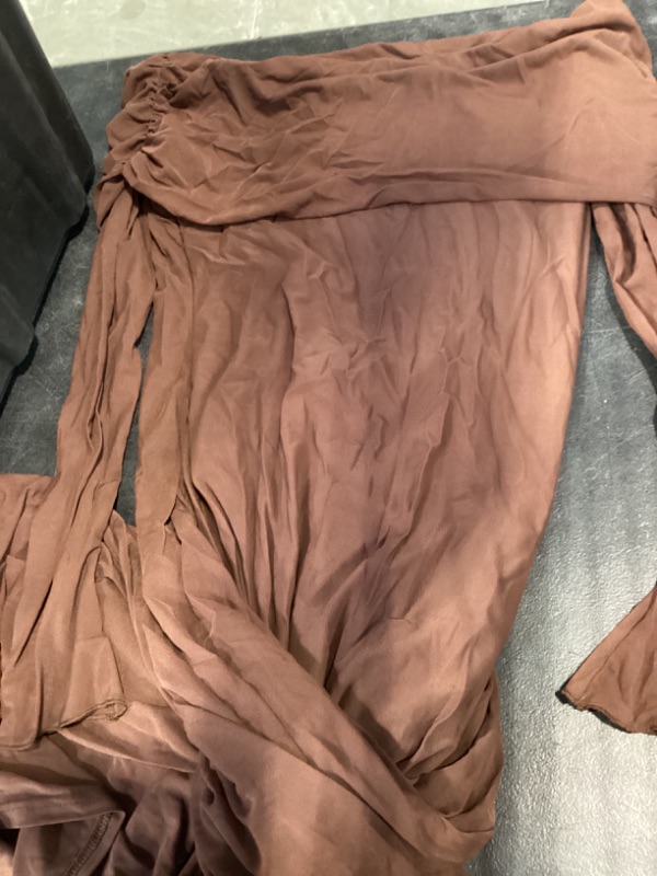 Photo 1 of KUTUMAI Women Off Shoulder Bodycon Maxi Dress Long Sleeve Mesh Ruched Party Formal Wedding Guest Dresses Brown XL