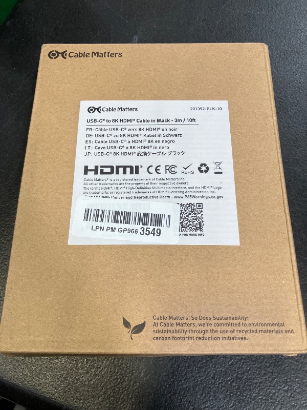 Photo 1 of Cable Matters Unidirectional USB C to HDMI 2.1 Cable - 10ft, Support 4K@240Hz and 8K@60Hz, HDR - Thunderbolt 4, Thunderbolt 5, USB 4 Compatible with MacBook Pro, XPS, ThinkPad - Max 4K@60Hz on macOS