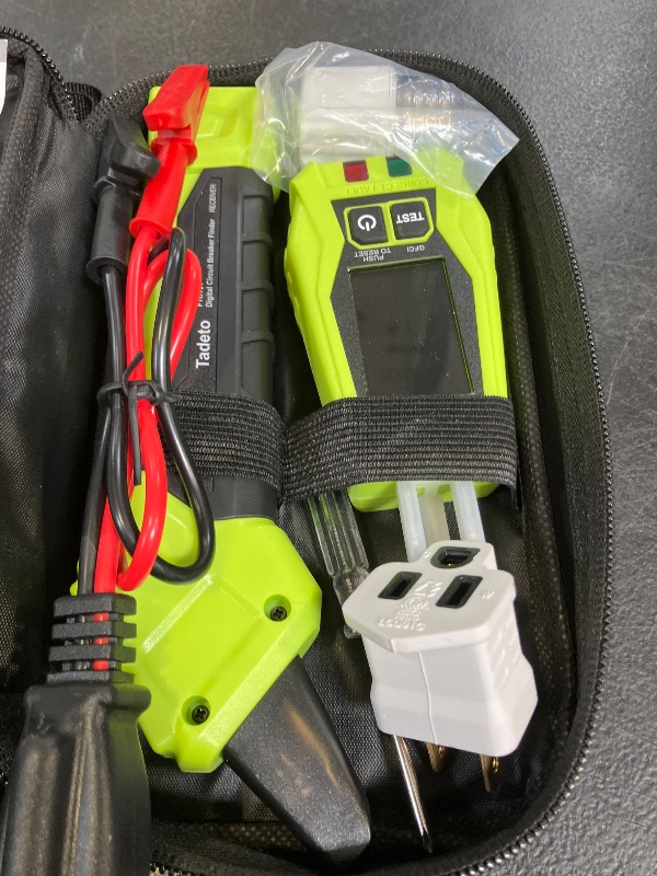 Photo 1 of Tadeto Circuit Breaker Finder Tool with Outlet Tester, Quickly GFCI, Voltage, Electric Tester with Dual LCD Display, Light Socket and 3-2 Prong Grounding Adapter, Alligator Clip Adapter (Green)