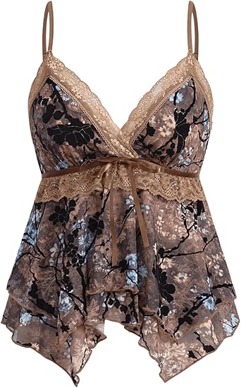 Photo 1 of large- Verdusa Women's Y2K Tops Babydoll Summer Tank Tops Going Out Floral Lace Flowy Mesh Shirt Whimsical Clothes